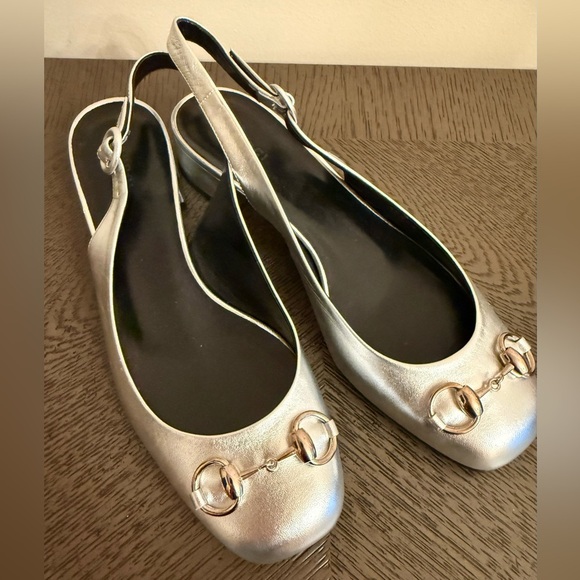 Gucci Horsebit women’s Slingback Flats in silver metallic size 39 US 9 - Picture 1 of 12
